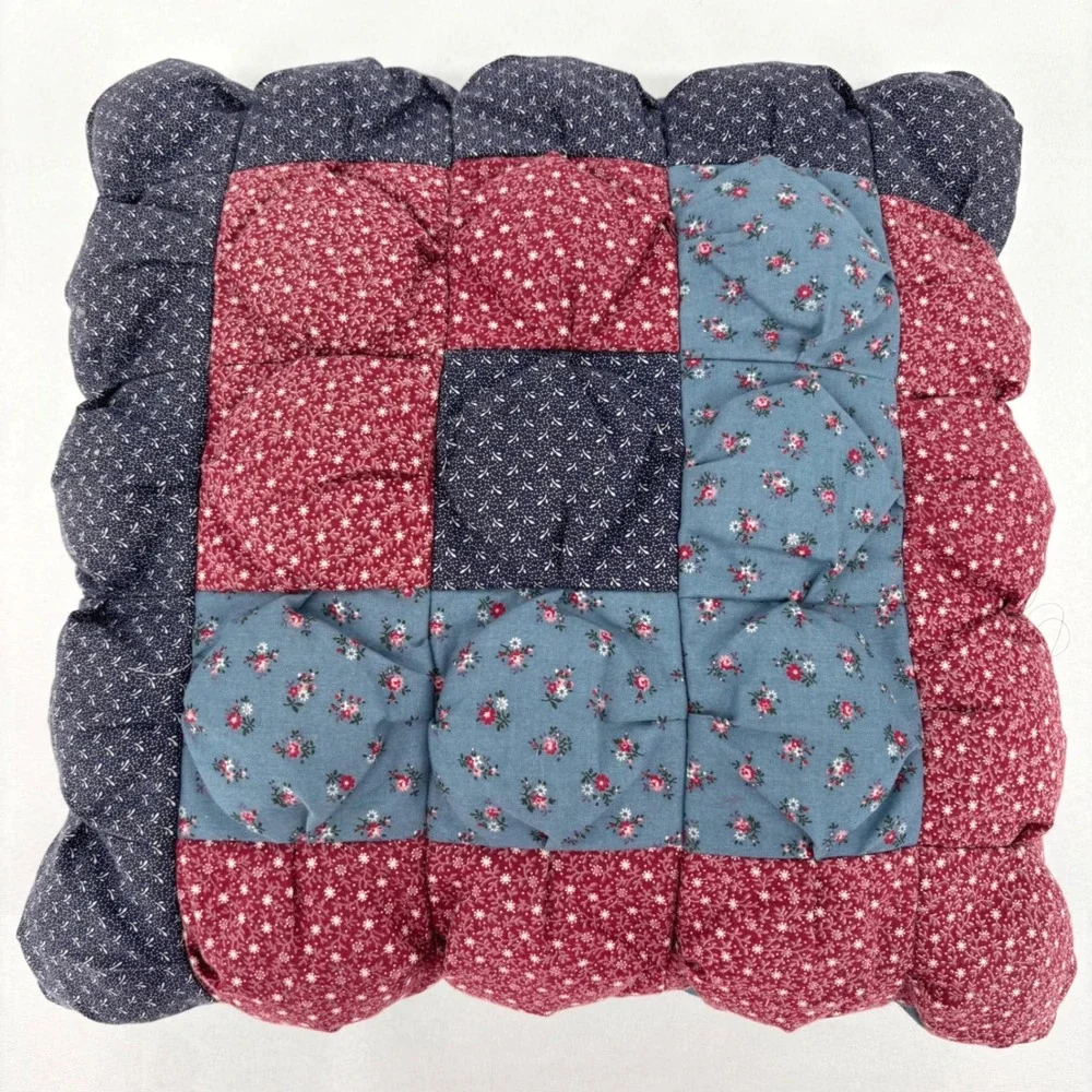 Handmade Puff Quilt Throw Pillow Floral Calico Patchwork Biscuit Style Square